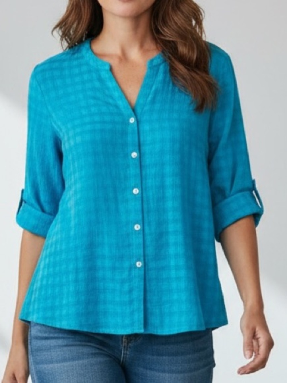 White Stag Teal Button-Front Roll-Tab Women's Shirt Sz xL